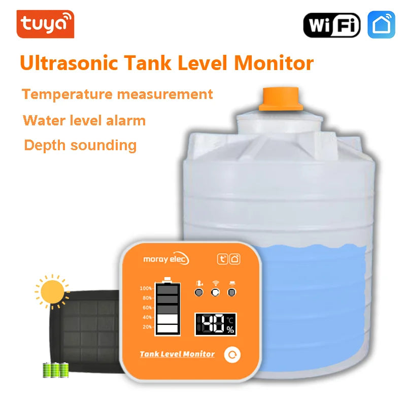 Moray ME201RSP Tuya APP Solar Panel Wireless Ultrasonic Depth Level Meter Flow LED Temperature Display Liquid Level Monitor