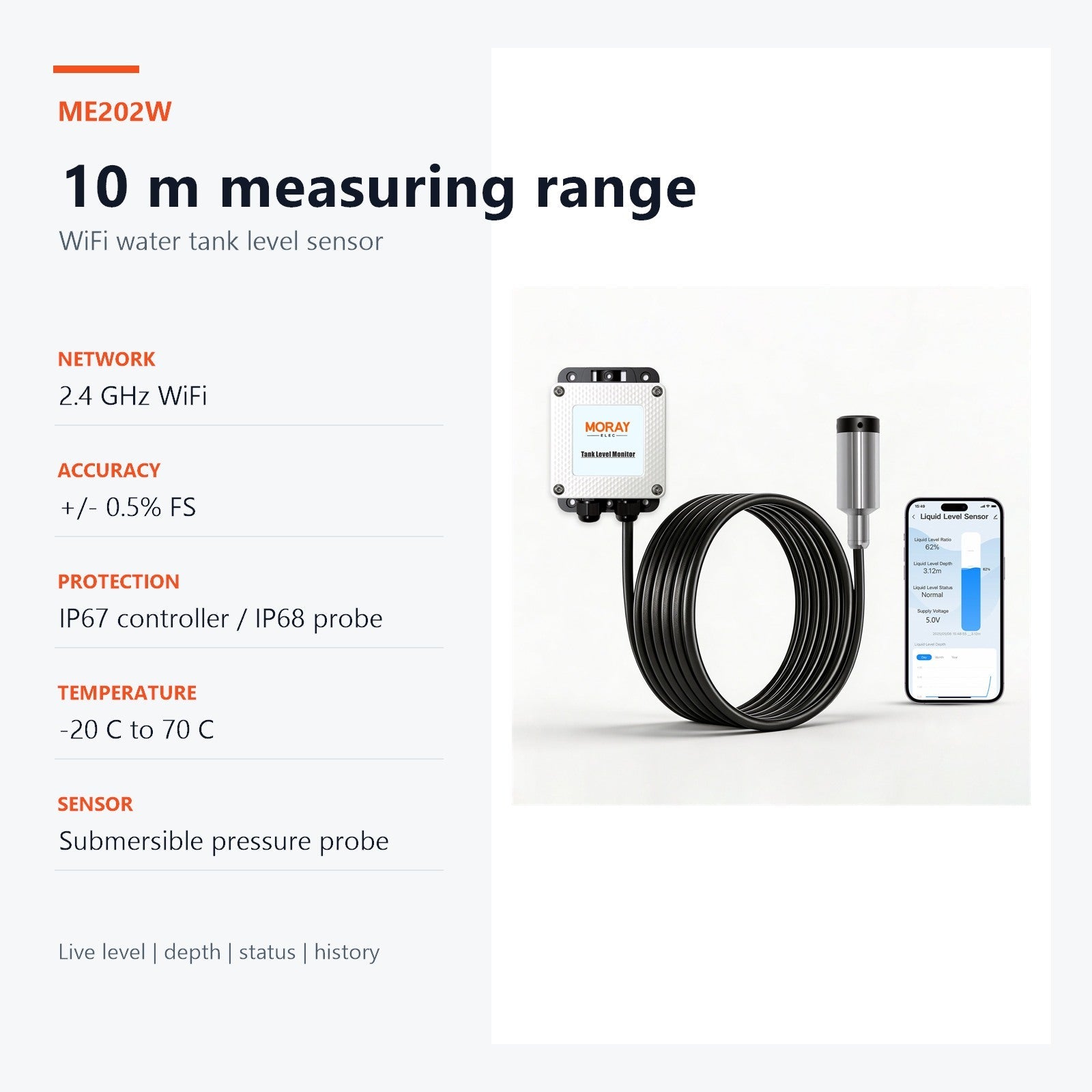 MoraySmart ME202W 10 meter WiFi water tank level sensor specifications with IP68 probe