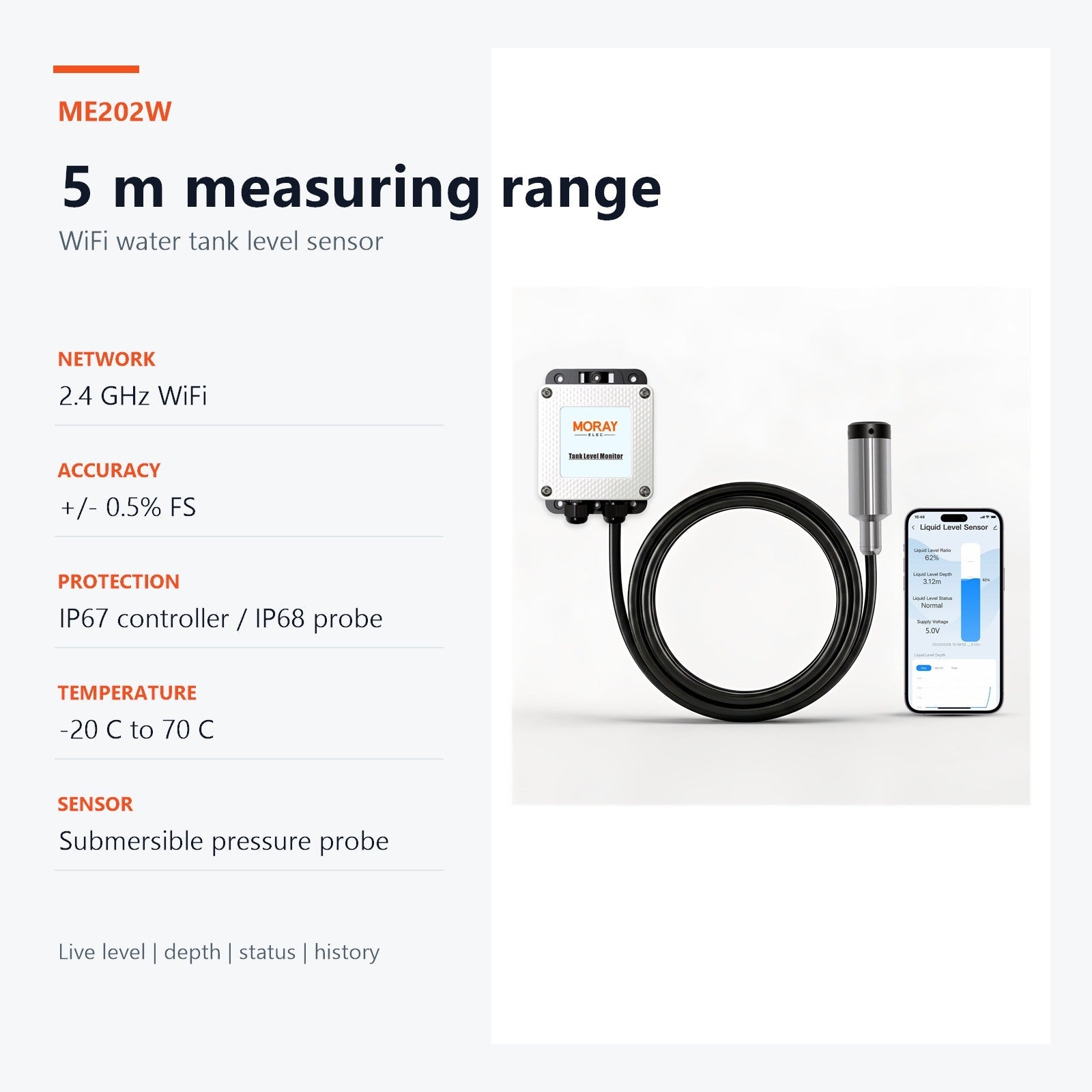 MoraySmart ME202W 5 meter WiFi water tank level sensor specifications with IP68 probe